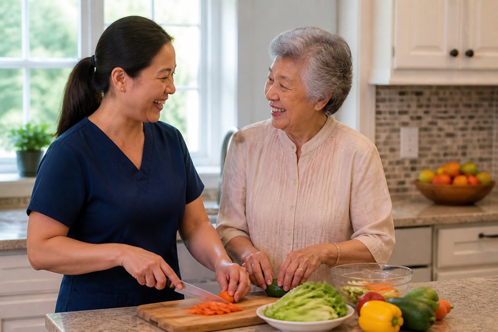 Compassionate caregiver helping a senior woman prepare a meal as part of affordable home care in a bright kitchen