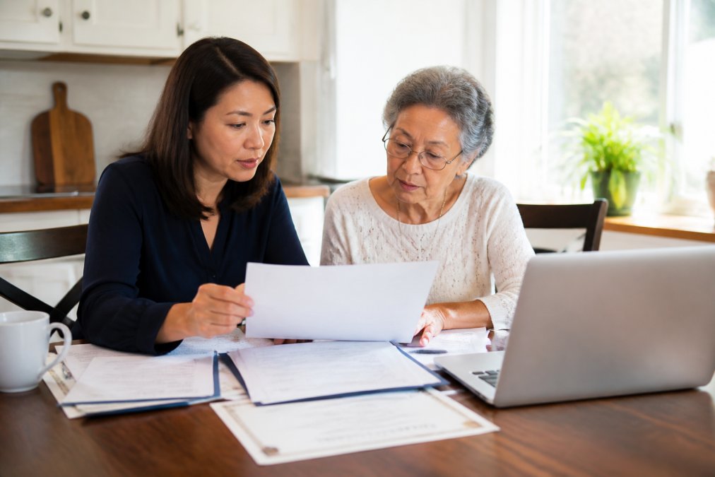 Adult child and senior reviewing caregiver credentials and documents together at a kitchen table with paperwork, certifications, and a laptop visible in natural daylight