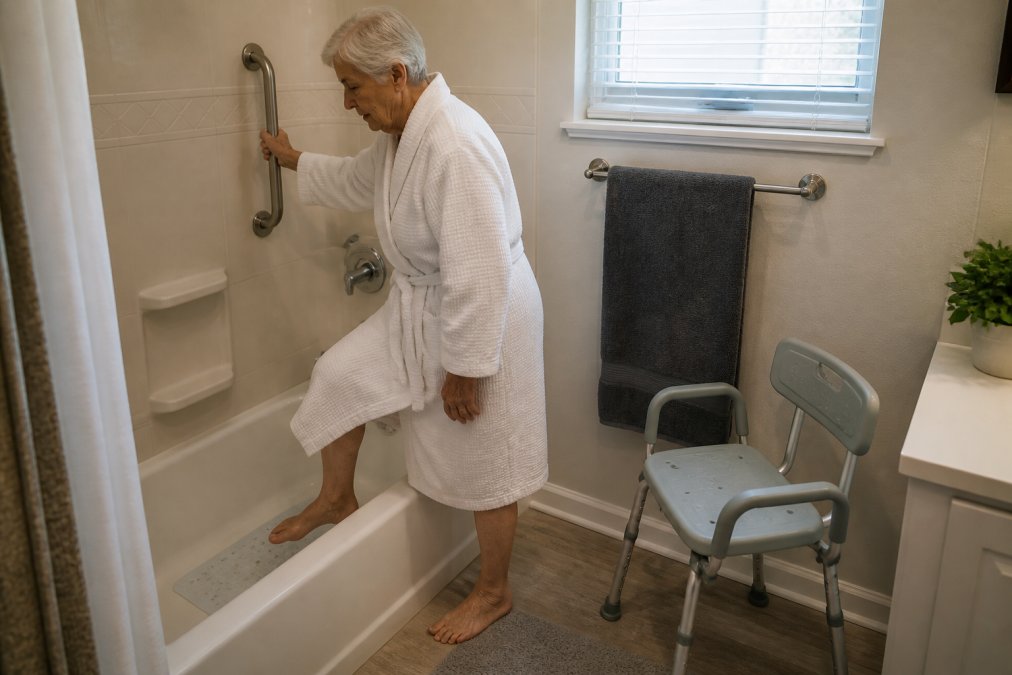 Senior woman using a grab bar and non-slip mat for preventing falls while entering a bathtub safely