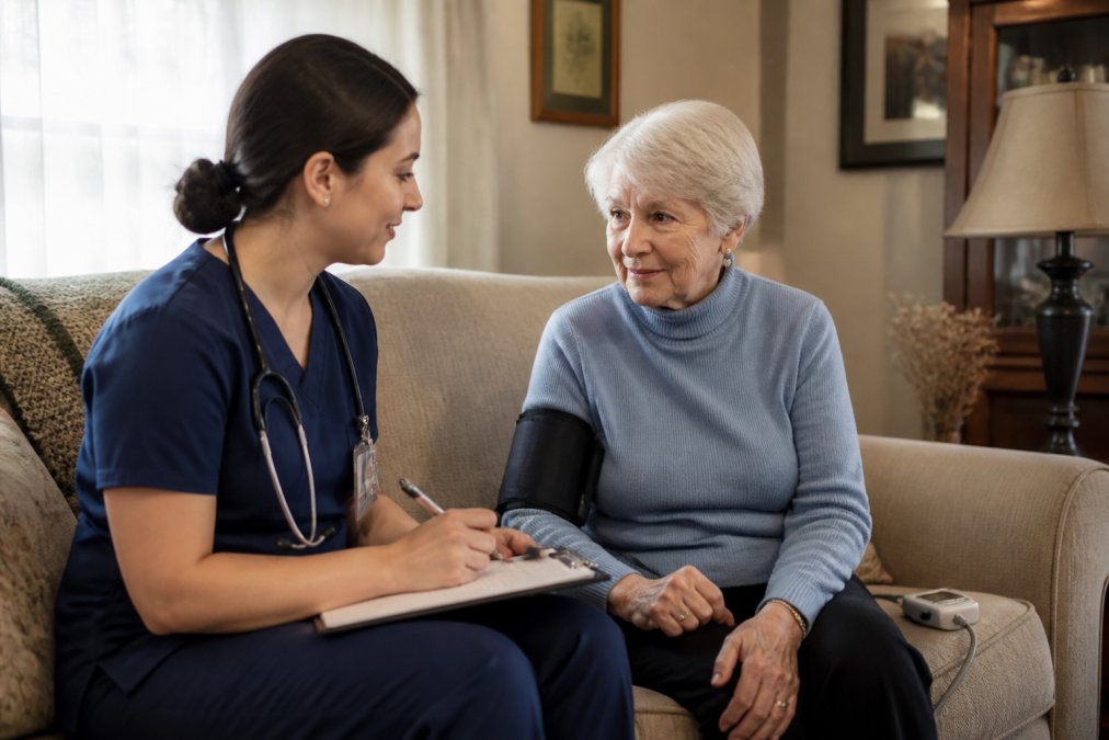Professional home health aide conducting initial assessment with senior client in comfortable living room setting, taking notes and checking vital signs with warm interaction